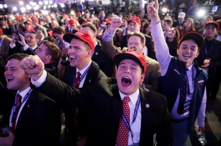 Supporters of Donald Trump cheer on election night, 2016.