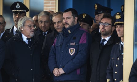Matteo Salvini in a police jacket earlier this month at Ciampino airport, Rome.