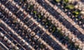 Aerial view directly above above rows of back-to-back terrace houses