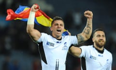 FILE- In this Oct. 6, 2015 file photo, Romania's Valentin Calafeteanu, left, and Romania's Madalin Lemnaru celebrate after Romania beat Canada 17-15 during the Rugby World Cup Pool D match between Canada and Romania at the Leicester City Stadium, Leicester, England. Georgia and Romania continue to dominate in the European Nations Cup containing Europes second-tier countries, and will meet for their latest tournament decider, in front of an expected 50,000 fans in Tbilisi on Saturday, March 19, 2016. (AP Photo/Rui Vieira, File)