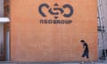 A logo adorns a wall on a branch of the Israeli NSO Group company, near the southern Israeli town of Sapir.