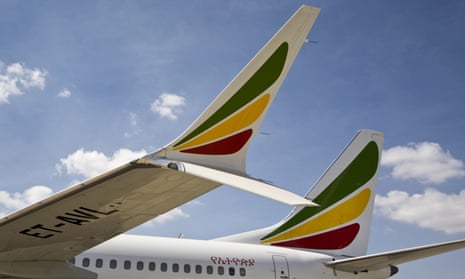 The winglet of an Ethiopian Airlines Boeing 737 Max 8 is seen as it sits grounded at Bole International Airport in Addis Ababa, Ethiopia.