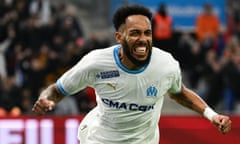 Pierre-Emerick Aubameyang celebrates after scoring for Marseille against Nantes.