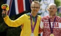 Sergey Kirdyapkin, Jared Tallent ,<br>FILE - In this Saturday, Aug. 11, 2012 file photo, gold-medallist Sergey Kirdyapkin of Russia, right stands with silver-medallist Jared Tallent of Australia,  after the men's 50-kilometer race walk competition at the 2012 Summer Olympics in London. A Russian athlete stands to lose his gold medal from the 2012 London Olympics after the Court of Arbitration for Sport on Thursday, March 24, 2016 rejected the selective doping punishments imposed by Russian authorities in six cases. The court ruled that the Russian anti-doping agency, known as RUSADA, had wrongly imposed bans which  (AP Photo/Mike Groll, File)