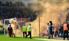 Blackpool fans celebrate their team’s winning goal against Fleetwood on Monday.