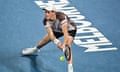 Italy's Jannik Sinner hits a return against Russia's Andrey Rublev.