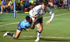 Saracens’ Elliot Daly is met with a challenge during his side’s defeat to the Bulls at the Loftus Versfeld Stadium.