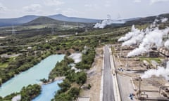 Steam rises from the chimneys of a power plant at the Olkaria geothermal complex in the Great Rift Valley in Kenya.