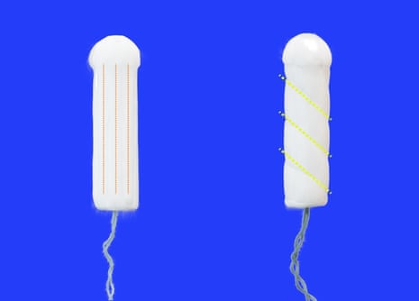 A regular tampon, left, compared with Sequel's spiral design.