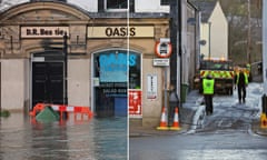 Cockermouth High Street combination image showing it flooded, and after during the cleanup