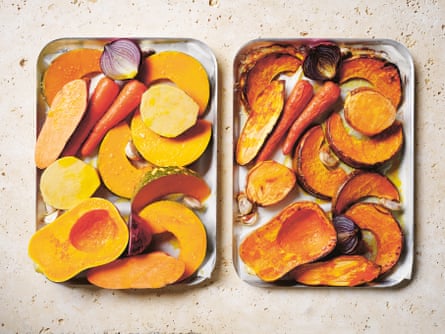 Roasted pumpkin, butternut squash, carrot, sweet potato, swede, onion and garlic.