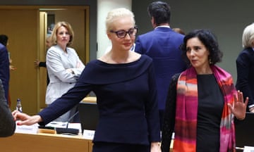 Yulia Navalnaya walks with the Belgian foreign minister, Hadja Lahbib, next to other EU foreign ministers