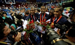 Kobe Bryant, LeBron James, Dwyane Wade and Carmelo Anthony celebrate their victory at the 2008 Olympics