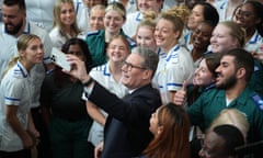 Keir Starmer takes a selfie with students at Three Counties Medical School in Worcester last month.