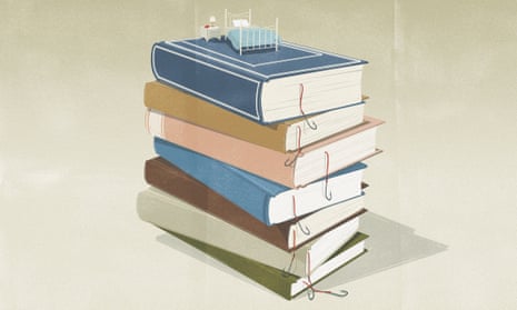 Illustration of a stack of books with a bed on top