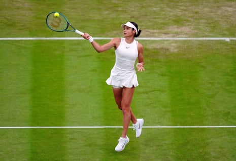 Emma Raducanu flings a forehand towards Maria Sakkari.