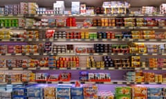 Rows of yoghurt products in supermarket.