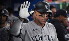 The Yankees’ Aaron Judge celebrates his two-run home run against the Blue Jays during the eighth inning of Tuesday’s game in Toronto.
