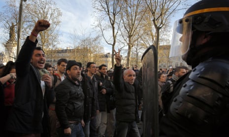 Protesters and riot police in Paris’s Place de la République earlier this week.