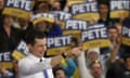 Presidential Candidate Pete Buttigieg Campaigns In New Hampshire Ahead Of Primary<br>NASHUA, NEW HAMPSHIRE - FEBRUARY 09: Democratic presidential candidate former South Bend, Indiana Mayor Pete Buttigieg finishes his remarks at a Get Out the Vote rally at Elm Street Middle School February 09, 2020 in Nashua, New Hampshire. New Hampshire holds its first in the nation primary in two days. (Photo by Win McNamee/Getty Images)