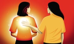 Illustration of two girls standing with their backs to us, one is touching the other's back and light and sparkles are coming out.