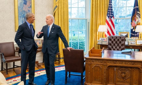 Obama calls Biden 'vice-president' on return to the White House – video