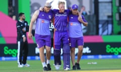 Ben Stokes is helped off the field during the match between Manchester Originals and Northern Superchargers at Old Trafford.