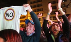 ‘No’ supporters celebrate following their victory in the referendum on a peace accord