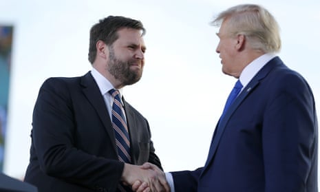 Senate candidate JD Vance greets former President Donald Trump at a rally at the Delaware County Fairgrounds, 23 April 2022.