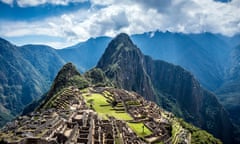 Aerial view of Macchu Picchu ruins in remote landscape, Cusco, Peru