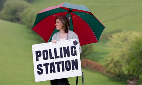 Residing Polling officer Sharon Gullick outside rural polling station at Shirwell in North Devon in 2019. 