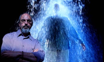 Bill Viola with his video installation The Crossing, part of the 2003 exhibition The Passions at the National Gallery in London. 