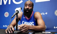 James Harden responds to a reporter's question as he is introduced as the newest member of the Los Angeles Clippers at a news conference at the team's training facility on Thursday.