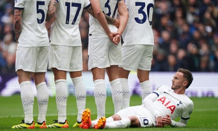 James Maddison lies down behind the wall to face an Arsenal free-kick in April’s north London derby