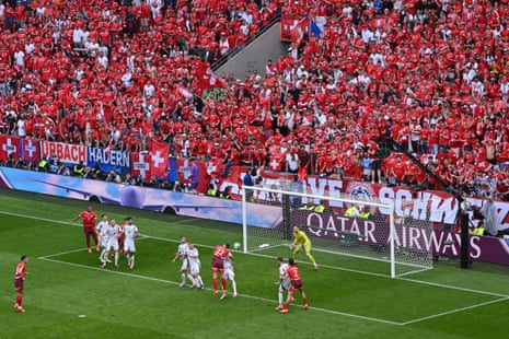 Fabian Schar of Switzerland heads wide during the Euro 2024 group game against Hungary.