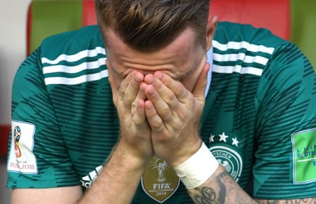 Marco Reus cannot watch as Germany are beaten 2-0 by South Korea at the World Cup.