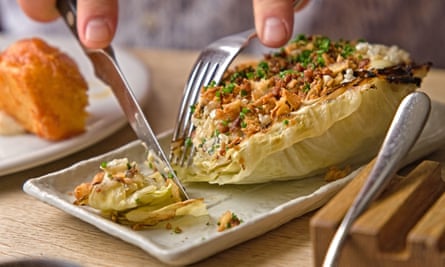 Chargrilled hispi cabbage with salad cream and crispy pork.