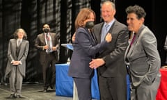 Kamala Harris congratulates her husband after the mock trial.