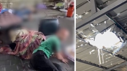 A hole in a roof in al-Shifa hospital compound and a blurred image people on the floor