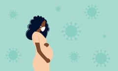 Pregnant black woman wearing face mask in front of a coronavirus background.
