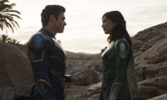 ETERNALS<br>(L-R): Ikaris (Richard Madden) and Sersi (Gemma Chan) in Marvel Studios' ETERNALS. Photo courtesy of Marvel Studios. ©Marvel Studios 2021. All Rights Reserved.