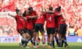 Manchester United players celebrate winning the Women’s FA Cup against Tottenham in May