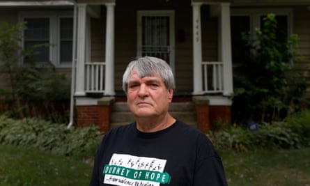 Bill Pelke in 2015, outside his grandmother’s former home in Gary, Indiana.