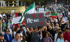 Hundreds of Iranians protest in Central London<br>LONDON, UNITED KINGDOM - OCTOBER 29: Hundreds of Iranians demonstrate in Trafalgar Square in London, Britain, October, 29, 2022, protesting in solidarity with Iran protest following the death of Mahsa Amini, a 22-year-old Iranian woman who died while in police custody. Mahsa Amini also known as Jina Amini, died on September, 16, 2022 in a hospital in Tehran, Iran, after going into a coma following her detention by Iran's Islamic Republic's morality police enforcing hijab rules on women's dress code. (Photo by Dinendra Haria/Anadolu Agency via Getty Images)