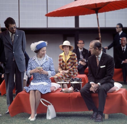 The royal couple taking tea in Kyoto, Japan, in 1975