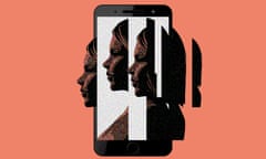 a fractured image of a face and a smartphone screen