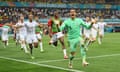 Yann Sommer celebrates after saving Kylian Mbappé’s spot-kick as Switzerland sent France out of Euro 2020; their only penalty shootout win at a major finals.