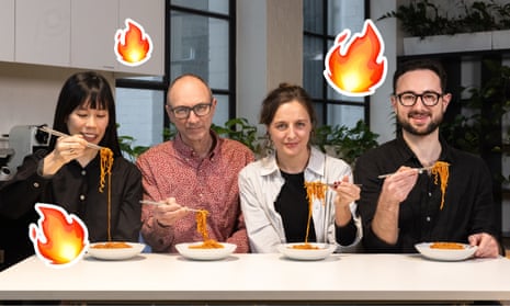 L-R Yvonne Lam, Mike Ticher, Imogen Dewey, Elias Visontay. Guardian staff taste test the spicy Buldak noodles.