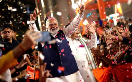 Indian prime minister Narendra Modi arrives at the BJP’s headquarters to deliver a speech in New Delhi on Tuesday.