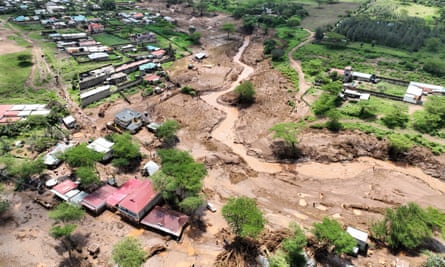 A drone view shows the water’s path after the dam burst